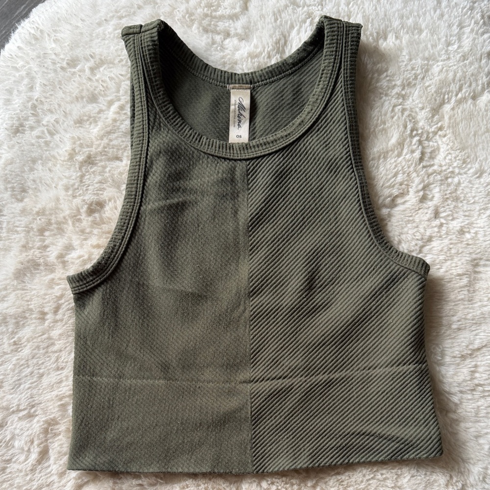 mahina Olive Green Ribbed Block-Panel Crop Tank